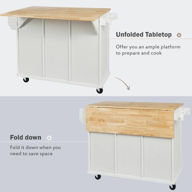 Kitchen Cart with Rubber wood Drop-Leaf Countertop