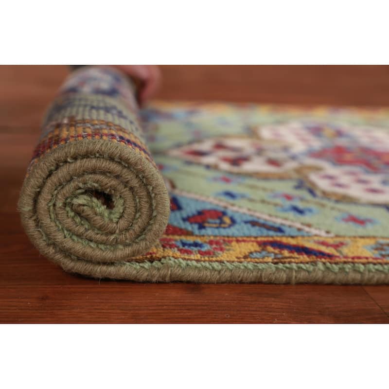 Hand Knotted Oriental 100% Wool Carpet Traditional Geometric Green Kazak Runner Rug - 9' 8'' X 2' 7''