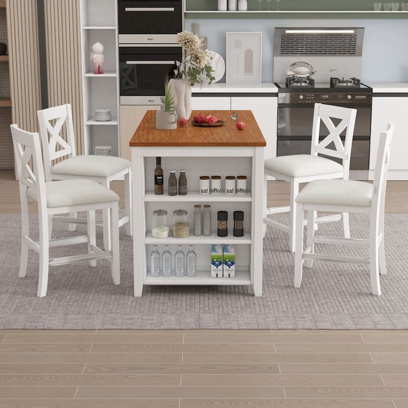 5 Piece Rustic Farmhouse Dining Room Wooden Bar Set - White/Beige
