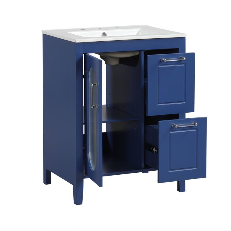 24" Black Bathroom Vanity with Sink - Solid Wood & MDF, Moru Glass Door, 2 Drawers, Adjustable Shelf