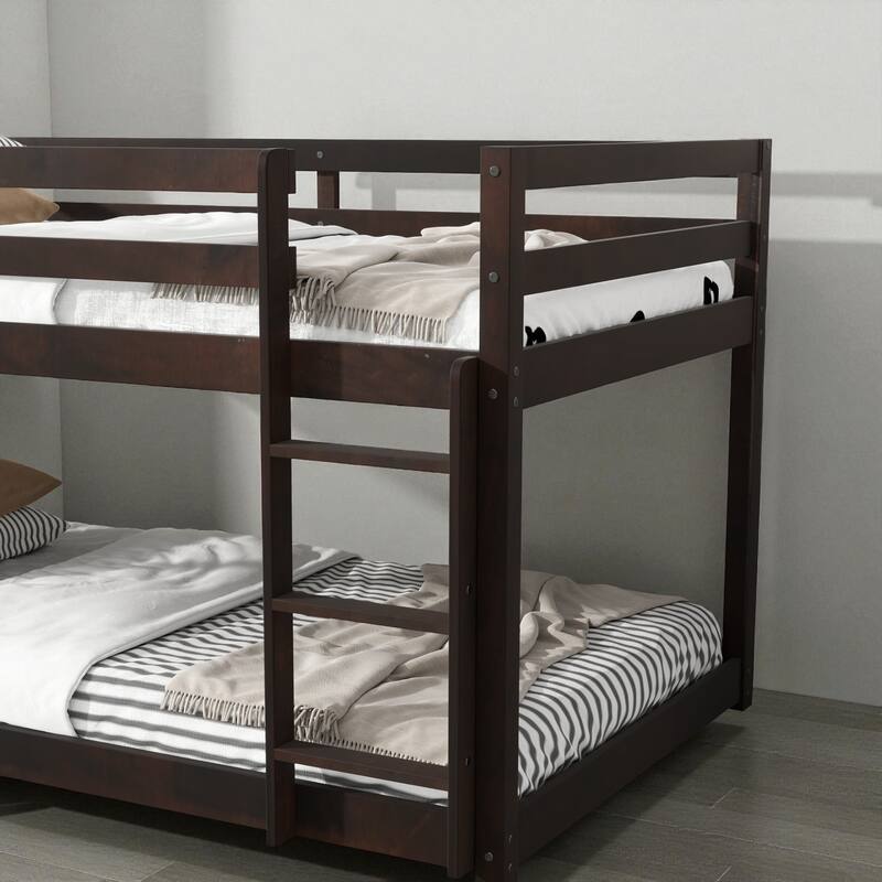 Solid Rubber Wood Twin Over Twin Floor Bunk Bed with Ladder, Low Height Design and Strengthened Slat Support