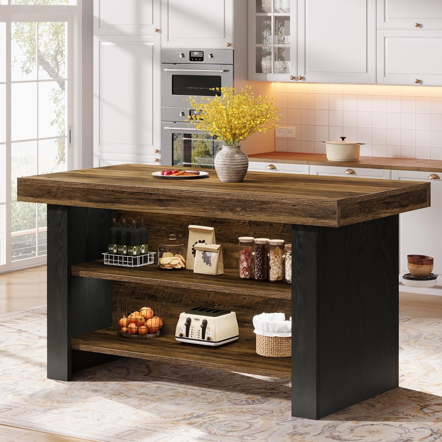 55-Inch Center Island Table with Storage, Farmhouse Kitchen Island