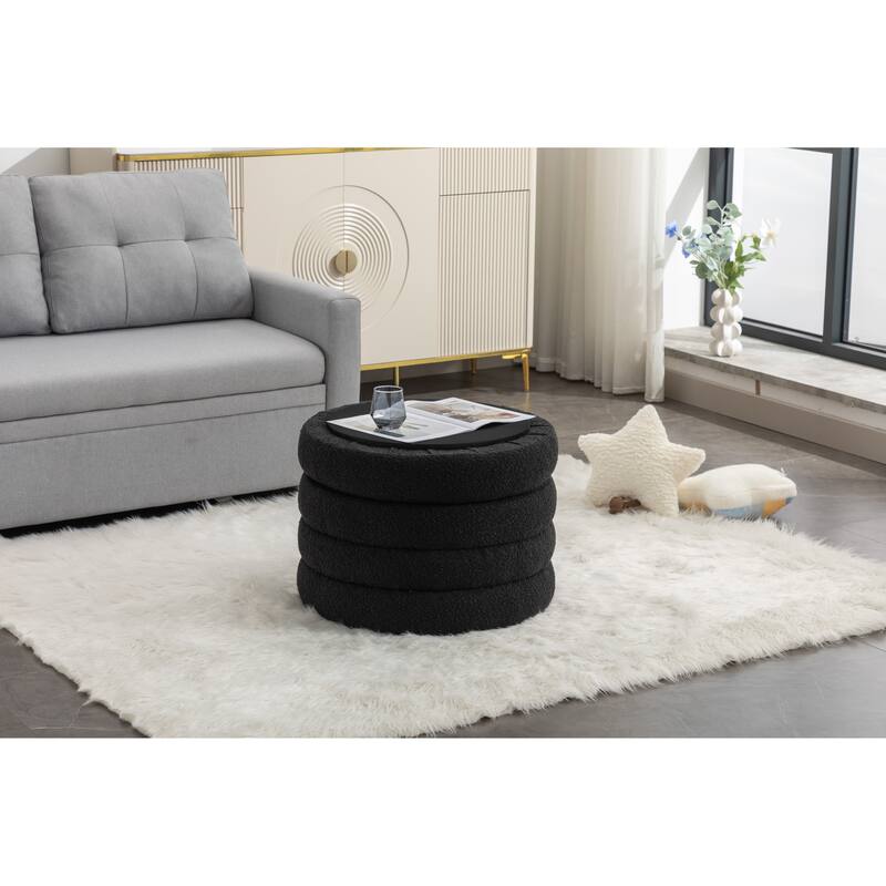 Boucle Fabric Storage Round Ottoman Footstool With Wooden Shelving
