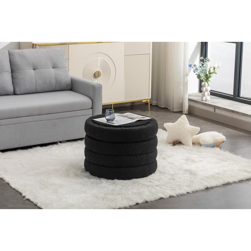 Round Storage Ottoman Footstool, Boucle Fabric Upholstered Vanity Stool, Small Ottomans Table with Removable Lid