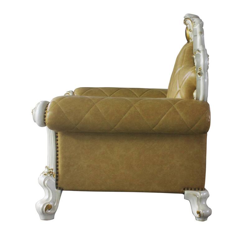 Leatherette Chair with Diamond Stitching and Carvings, White and Beige
