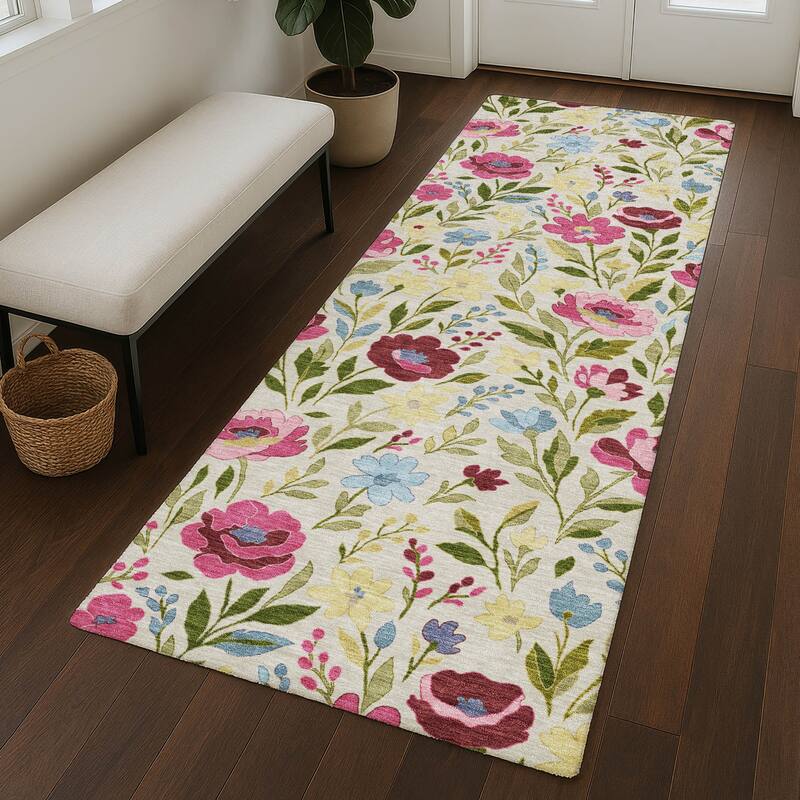 Machine Washable Indoor/ Outdoor Floral Garden Chantille Rug