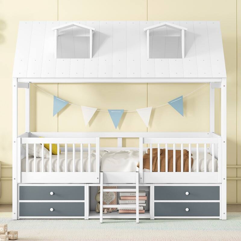 Twin Size Wood House Bed with Roof and Drawers
