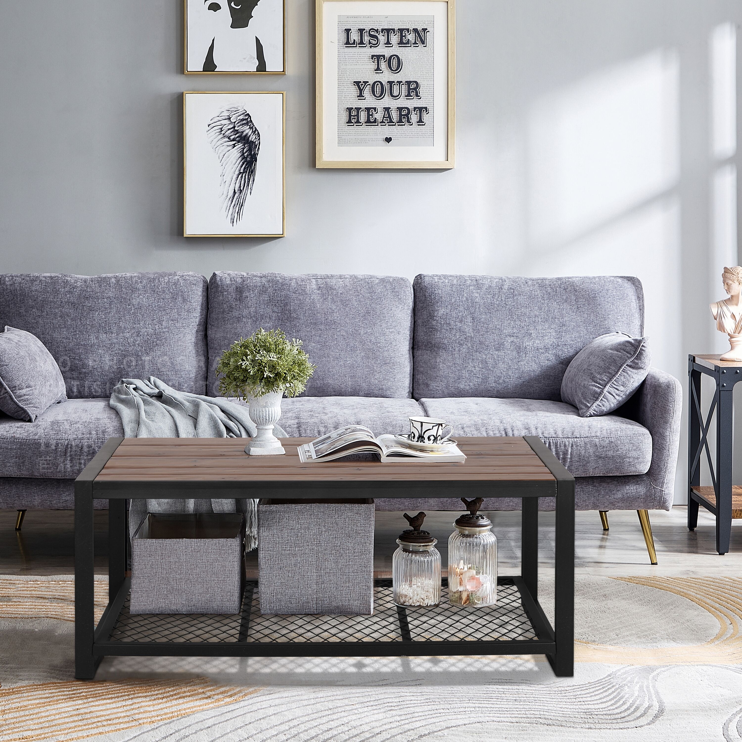 Industrial Style Coffee Table Stylish Coffee Table Console Coffee Table with Reclaimed Wood Finish, for Living Room