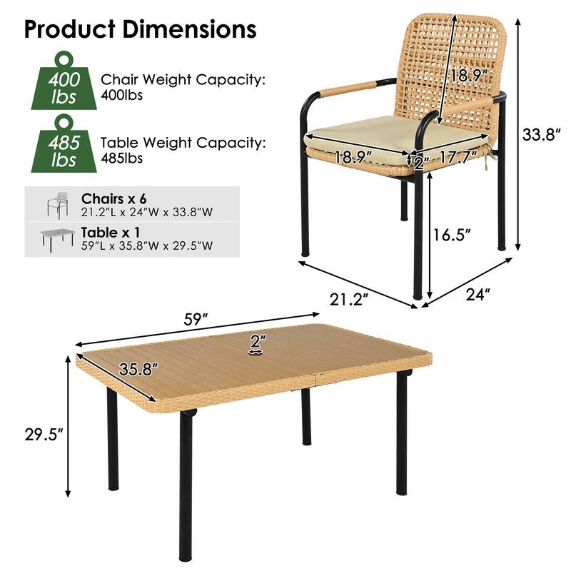 7 Pieces Patio Dining Set, Outdoor Wicker Furniture Set wPlastic-Wood Table Top Rectangular Dining Table & Umbrella Hole