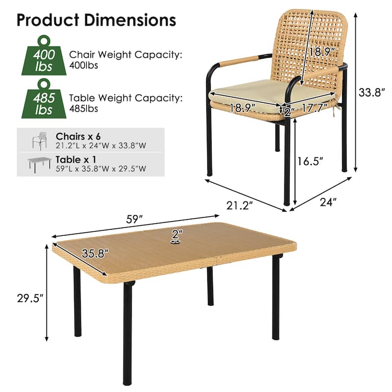 7 Pieces Patio Dining Table Set, Outdoor Wicker Furniture Set, Plastic Wood Table Top with Umbrella Hole for Backyard, Garden