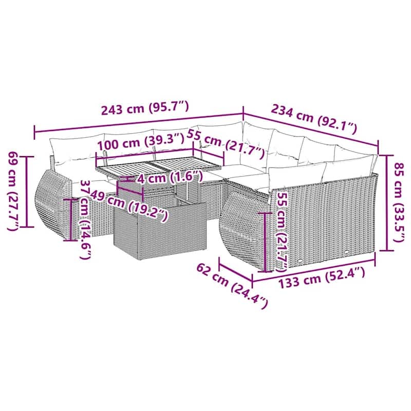 vidaXL Patio Sofa Set with Cushions Outdoor Furniture 9 Piece Poly Rattan - 21.7 x 24.4 x 27.2