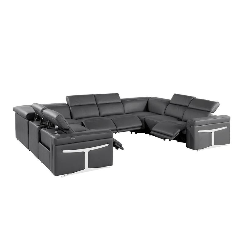 HomeRoots Dark Gray Italian Leather Power Reclining U Shaped Eight Piece Corner Sectional With Console