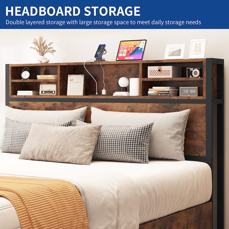 Moasis Queen/King Metal Platform Bed with 4 Storage Drawers and Charging Station
