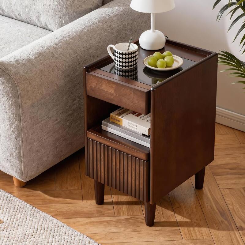 Wooden Bedside Table with 1 Drawer Open Shelves, Wood Board Side Tables Storage Small Narrow Desk Chest of Drawer