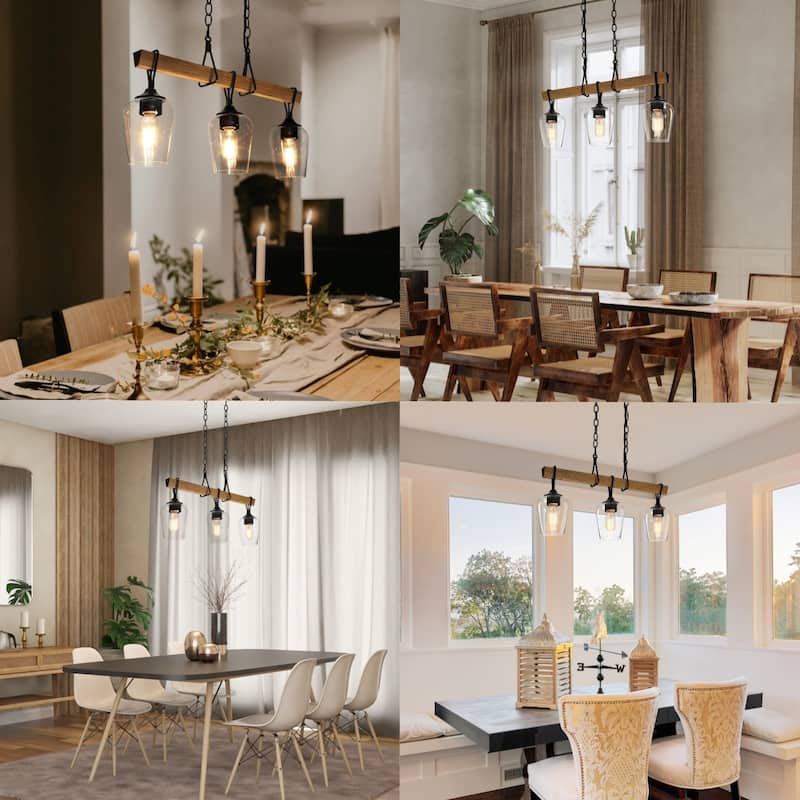 Zarbel Modern Farmhouse Glass Linear Chandelier Rustic 3-Light Black Metal Small Kitchen Island Lights