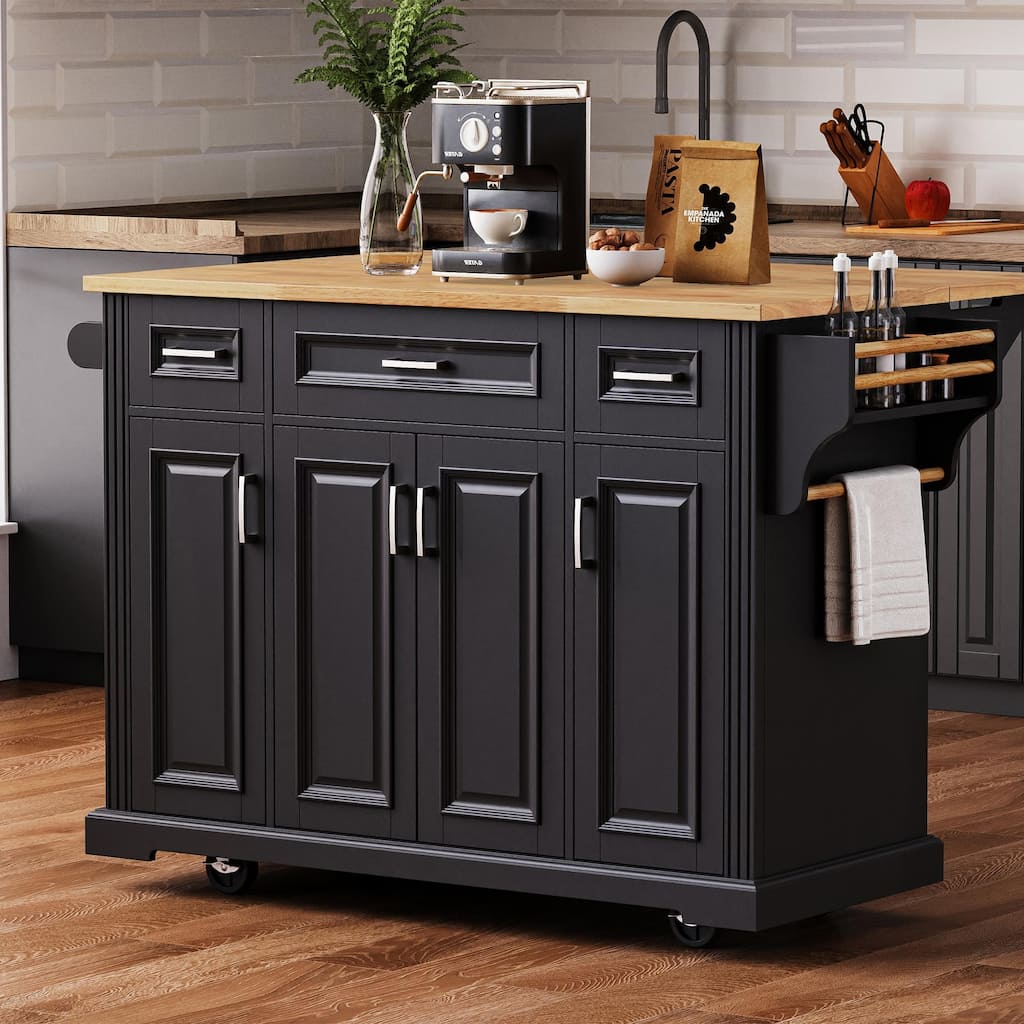 Black Large Kitchen Island with Drop Leaf, Rolling Kitchen Cart on 4 Wheels with 4 Doors and 3 Drawers
