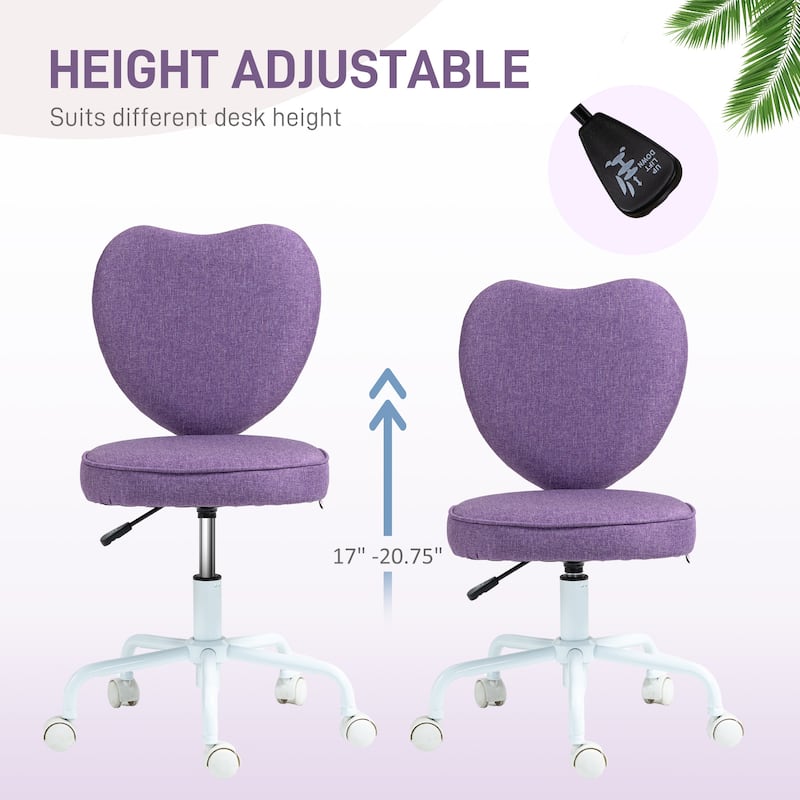 HOMCOM Armless Home Office Desk Chair, Modern Fabric Makeup Vanity Chair with Heart Shape, Swivel Wheels, Height Adjustable