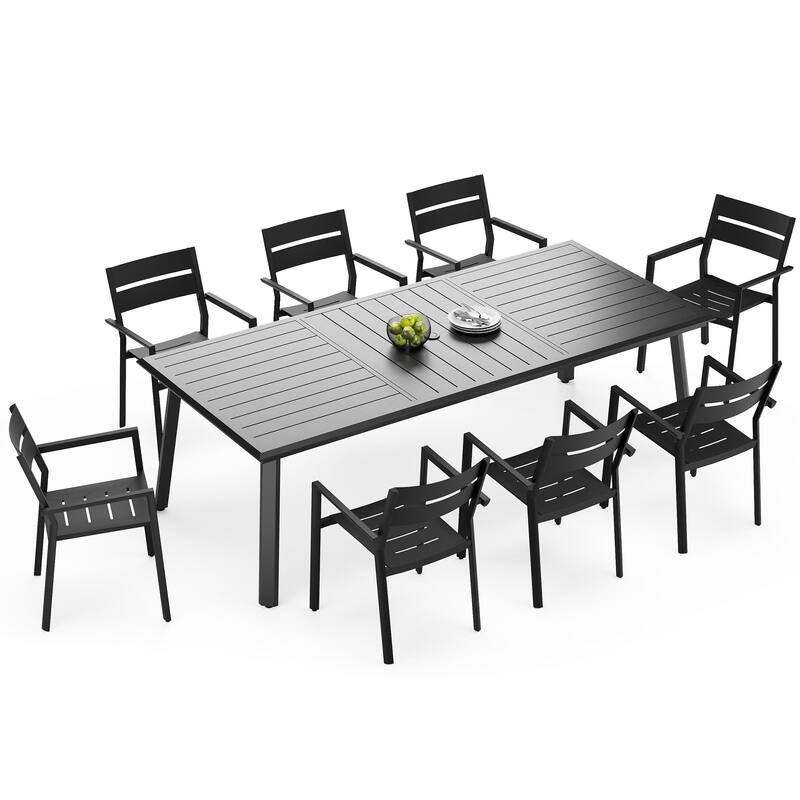 7/9/11/13-Piece Set Outdoor Aluminum Dining Table with Umbrella Hole and Stackable Chairs - Black - Set of 9