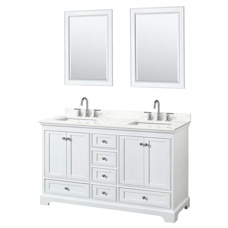 Deborah 60-inch Double Vanity, Quartz Top, 24-inch Mirrors - White, Chrome Trim, Giotto Quartz Top