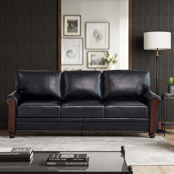 Devota Transitional Leather Solid Wood Sofa With Nailhead
