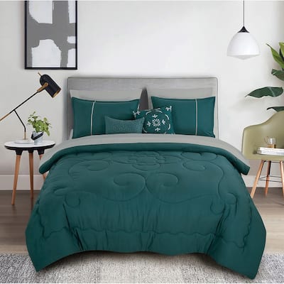 9 Piece Bed-in-a-Bag Teal Green Floral Solid Soft Bedding Comforter Set