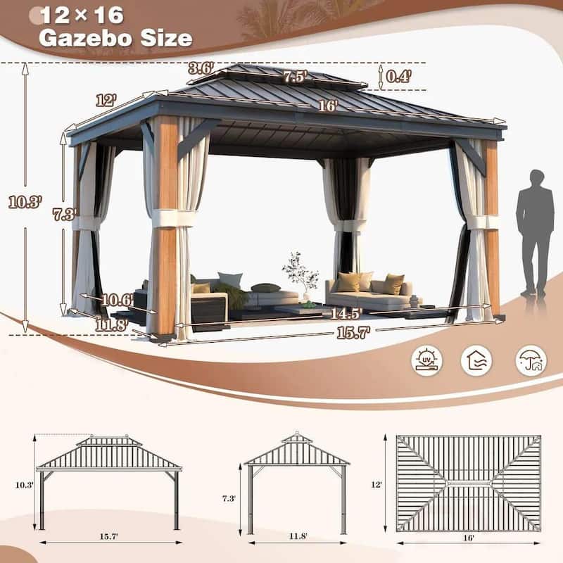 Outdoor Galvanized Steel Roof Gazebo Pergola w Wooden Coated Alumninum Frame, Privacy Curtains and Nettings Include