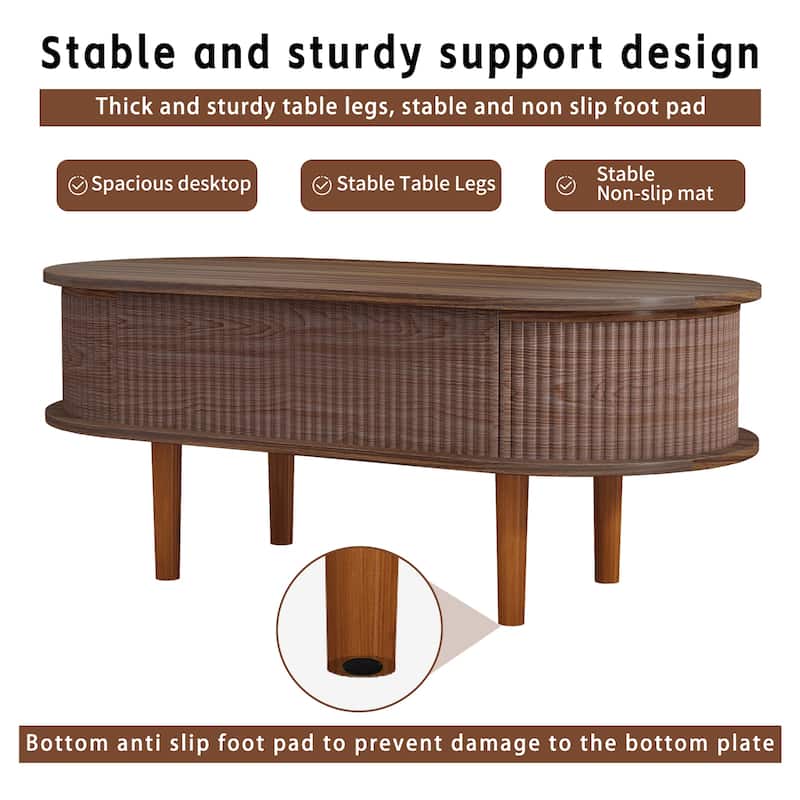 Fluted Lift Top Coffee Table with Hidden Compartment, Wooden Center Table, Modern Oval Lift Tabletop for Home Living Room