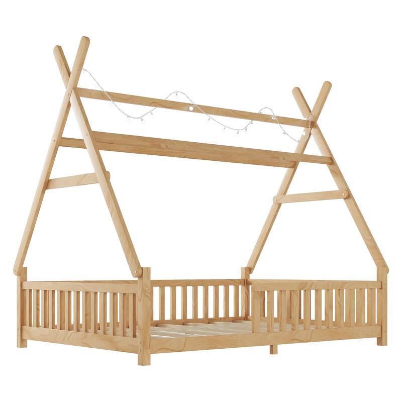 Full House Bed with Light, Low Floor Design, Fence and Roof for Kids, Natural Wood Finish