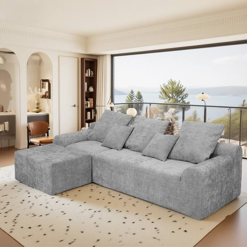 L-Shaped Modular Sectional Sofa with Ottoman, Melange Chenille Fabric 4 Seater Sofa, Upholstered Corner Sofa with 5 Pillows