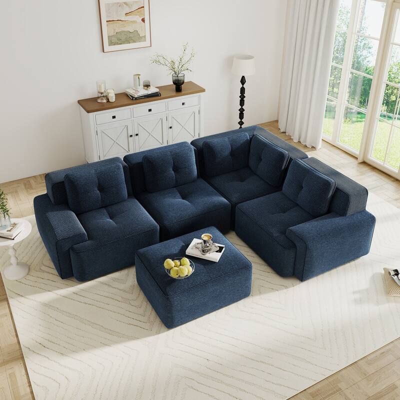 116.1" Corduroy Sectional Sofa with Movable Ottoman - Blue