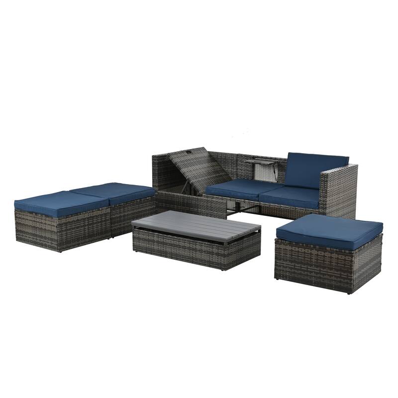 5 Piece Outdoor PE Wicker Sofa Set, Patio Conversation Furniture Set with Lift TOP Coffee Table and Lounger Sofa