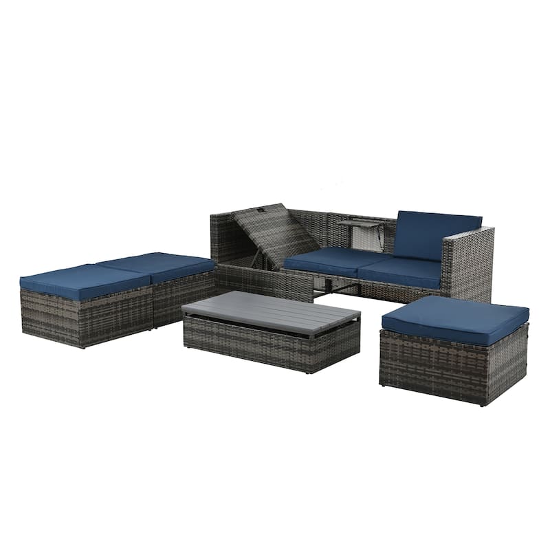 5 Pieces PE Wicker Outdoor Sectional Sofa Set with Lift-Top Coffee Table