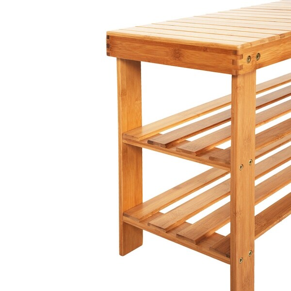 2 Tiers Bamboo Shoe Rack Bench with 2 Heights Seat for Kids