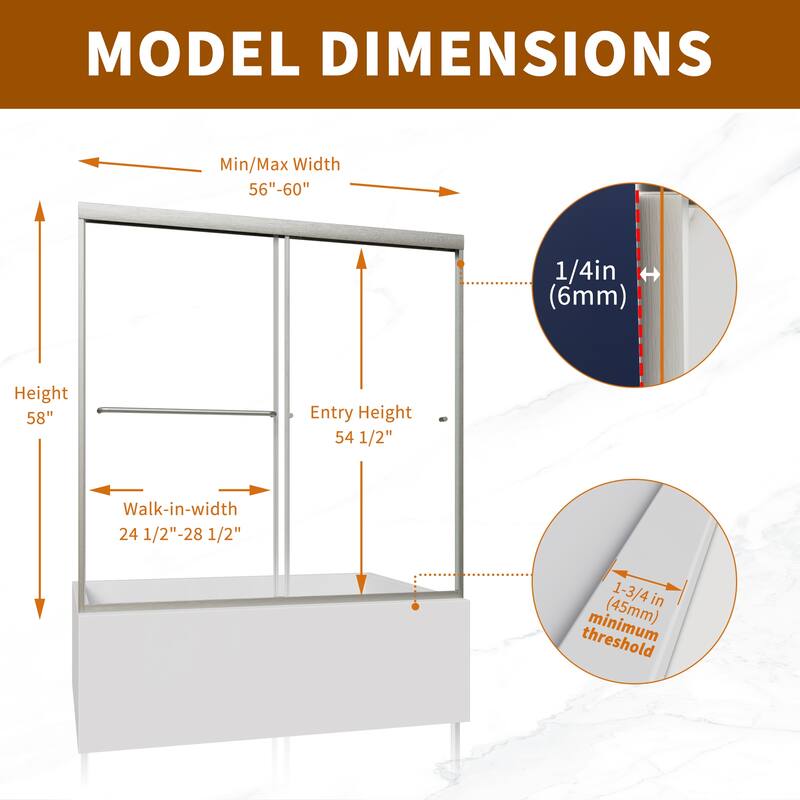 Modland 56-60" Sliding Bathtub Door, 1/4" ANSI Glass with Dual Protection Film, Matte Black Bypass Tub Enclosure