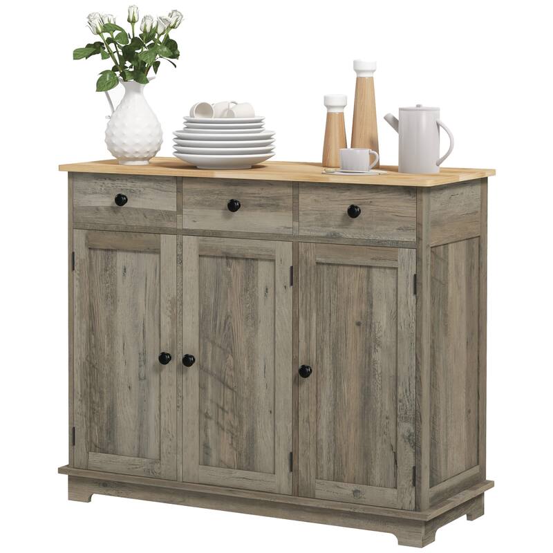 Sideboard with Solid Wood Countertop, Modern Kitchen Storage Cabinet, Coffee Bar Cabinet with 3 Drawers