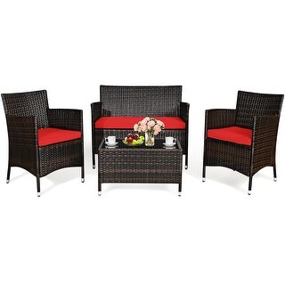 Costway 4PCS Rattan Patio Furniture Set Cushioned Sofa Chair Coffee - See Details