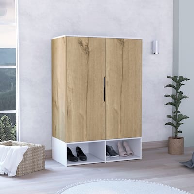 Armoire Wardrobe with Two Open Shelves,Double Door,Five Shelves,Hanging Rod