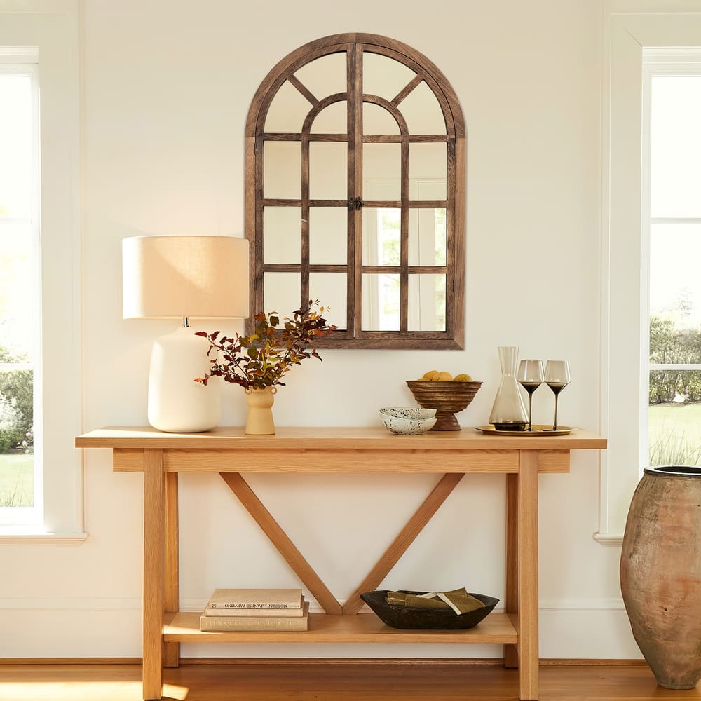 Rustic Wood Arched Window Wall Mirror - Distinctive Full Length Vanity Mirror