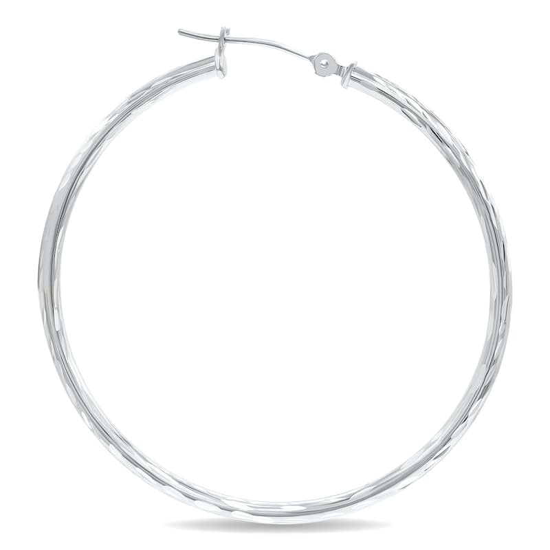 Marquee Jewels 10K White Gold Shiny Diamond Cut Engraved Hoop Earrings (40mm)