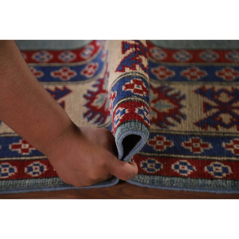 Hand Knotted Oriental 100% Wool Carpet Traditional Geometric Navy Blue & Blues Kazak Area Rug - 9' 8'' X 6' 8''