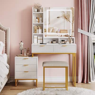 Makeup Vanity Desk with Mirror & Lights, Vanity Table with 5 Drawers, Stool & Removable Side Cabinet for Bedroom