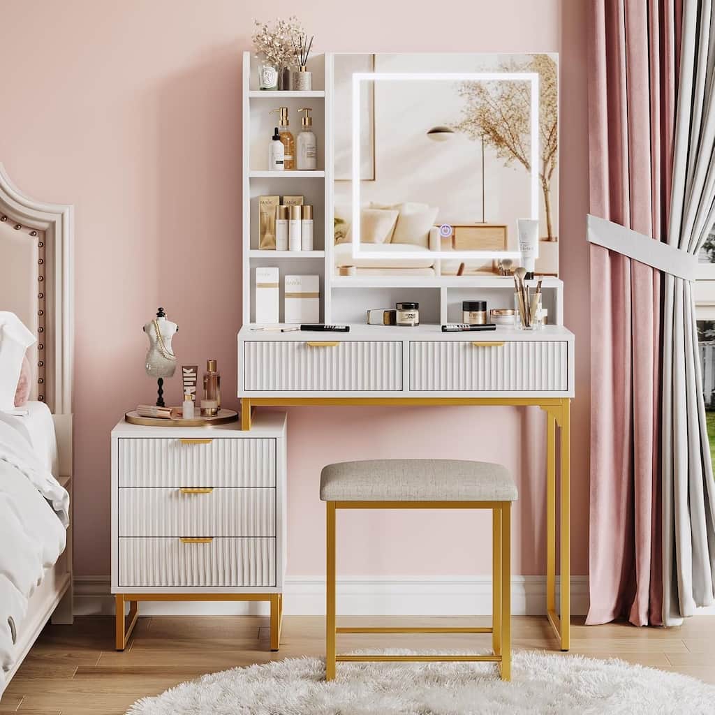 Makeup Vanity Desk with Mirror & Lights, Vanity Table with 5 Drawers, Stool & Removable Side Cabinet for Bedroom
