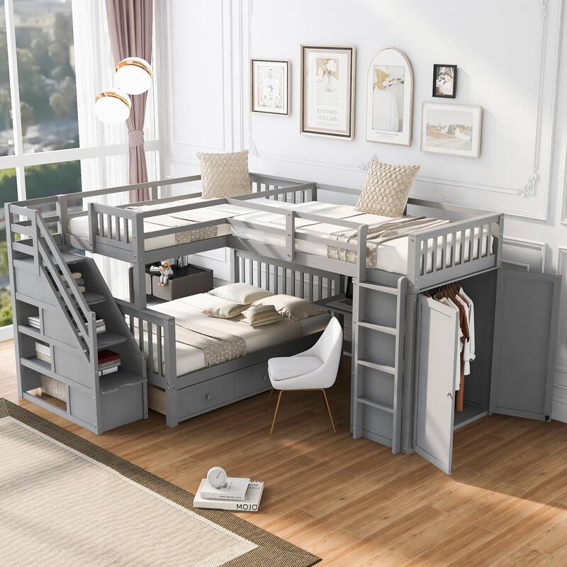 L-Shaped Bunk Bed with Storage Stairs, Fold Desk, Wardrobe, Twin - Twin Over Full Bed with Pull-out Underneath Storage Drawers - Gray - Twin
