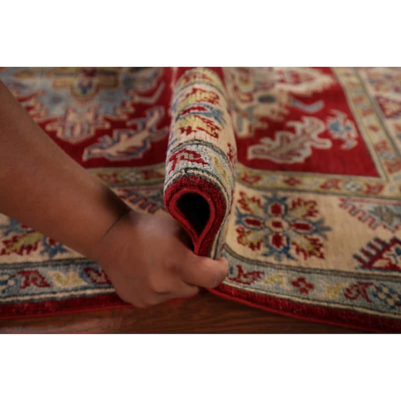 Traditional Red Kazak Area Rug Hand-Knotted Geometric Wool Carpet - 3'11" x 5'9"