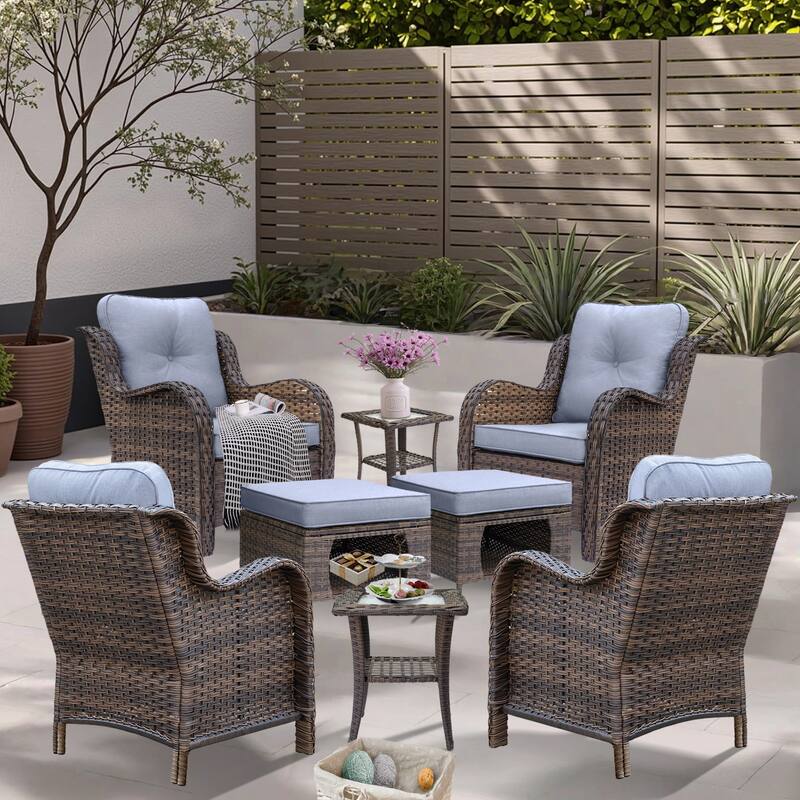 8 Piece Outdoor Wicker Patio Furniture Conversation Chair and Ottoman Set