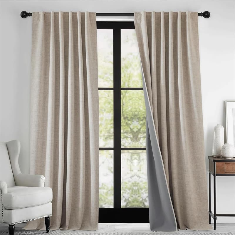 Beige Linen Blackout Curtains 52x84" Sliding Door