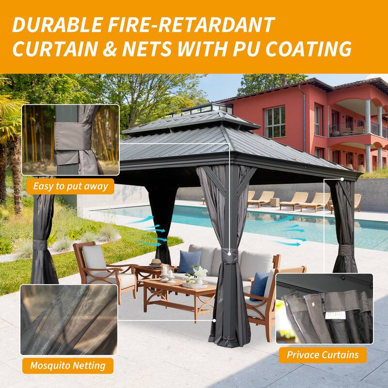 10' X 14' Hardtop Gazebo with Drainage System, Galvanized Steel Roof, Curtains, and Netting for Outdoor Living