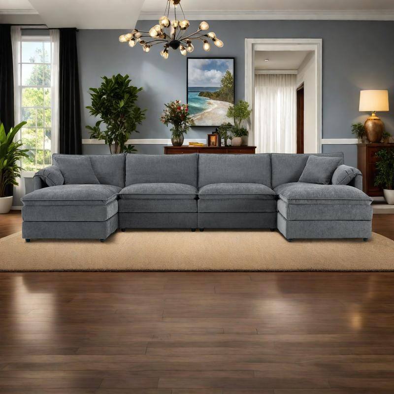 136" U-Shaped Chenille Sectional Sofa with 6-Seat Cloud Couch and Dual Ottomans & Pocket Springs (330lb Capacity) - Dark Gray
