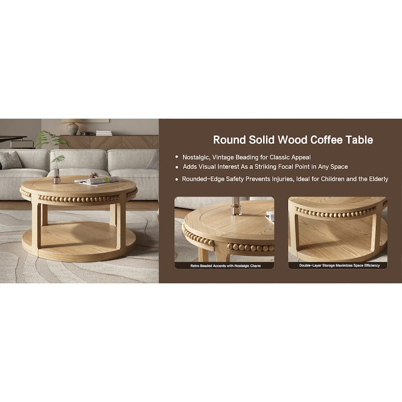 31.5" Round Solid Wood 2-Tier Coffee Table
