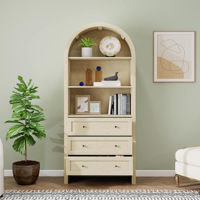 Wood Kitchen Cabinet, Storage Cabinet with Adjustable Shelves, Arched Accent Cabinet with 3 Smooth-Glide Drawers
